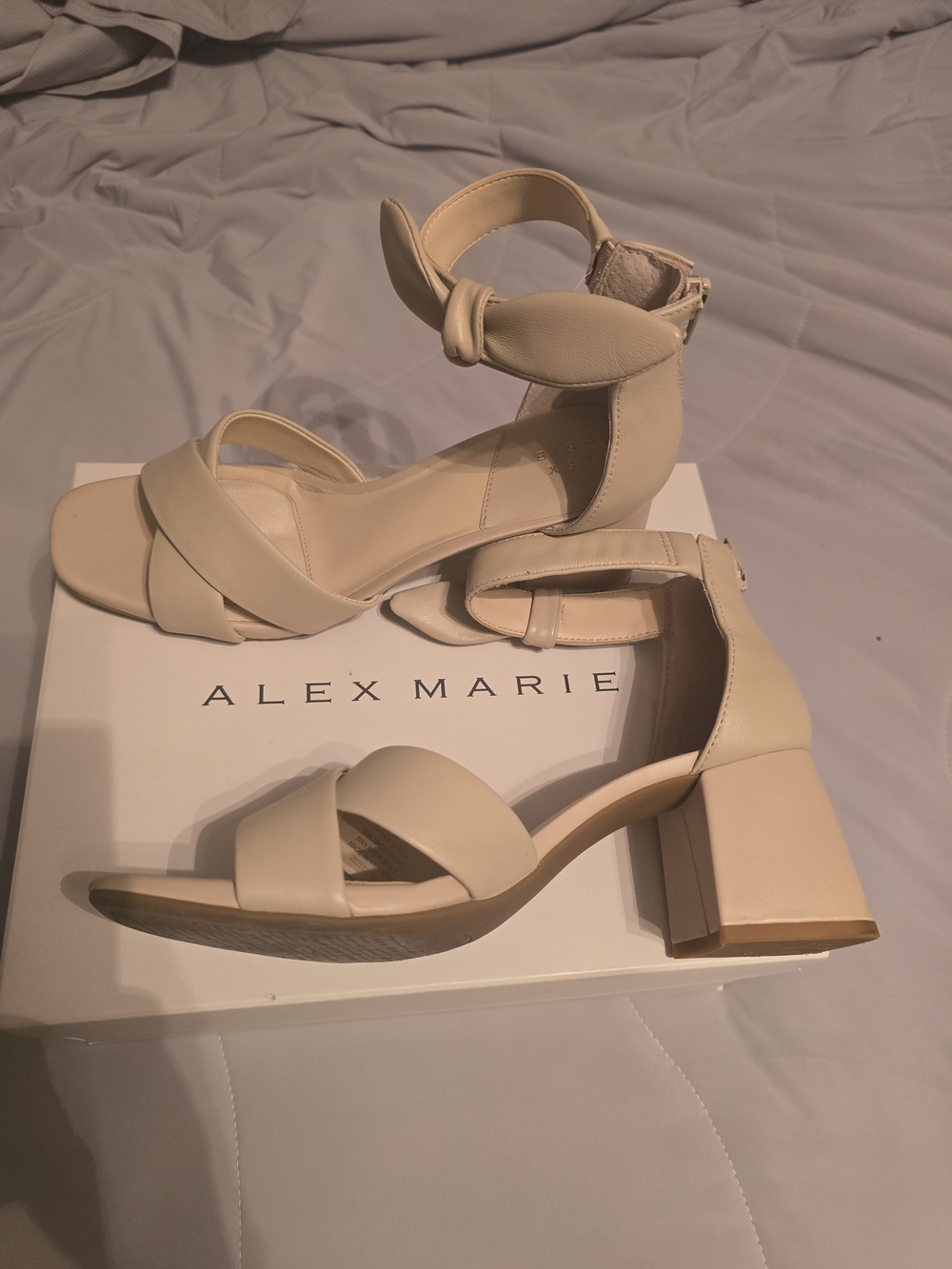 Alex Marie Cream Knotted Ankle Strap Block Heel Sandals